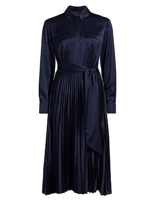 Jessie Satin Pleated Tie-Front Shirtdress
