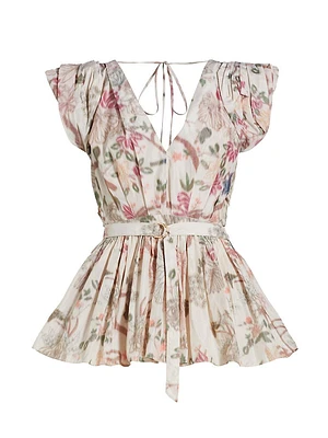Belted Floral Puff Sleeve Top
