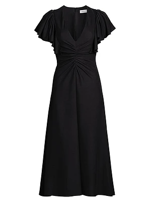 Flutter-Sleeve Ruched Midi-Dress