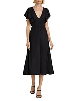 Flutter-Sleeve Ruched Midi-Dress