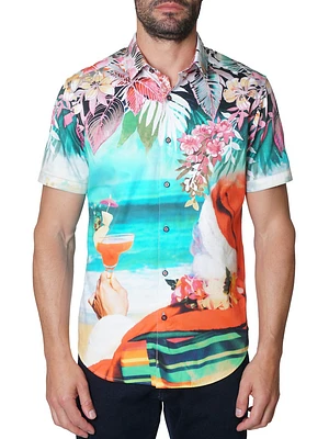 Beach Santa Button-Front Short-Sleeve Shirt