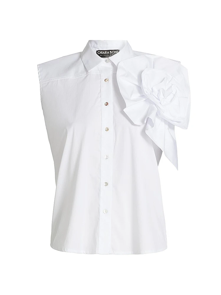 Fusina Rosette-Accent Cotton Button-Front Top