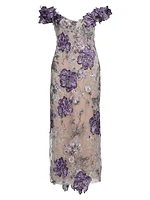 Off-the-Shoulder Floral Threadwork Embroidered Cocktail Dress