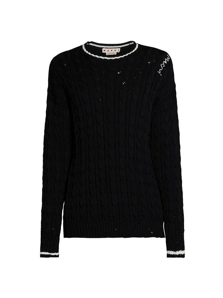 Distressed Cable-Knit Cotton Sweater