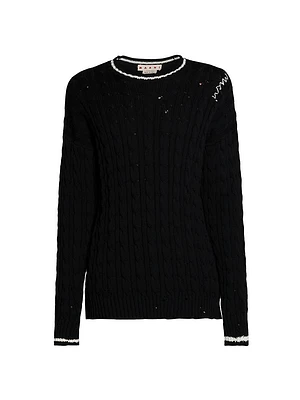 Distressed Cable-Knit Cotton Sweater