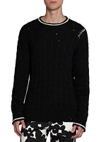 Distressed Cable-Knit Cotton Sweater