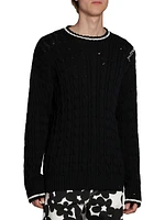Distressed Cable-Knit Cotton Sweater