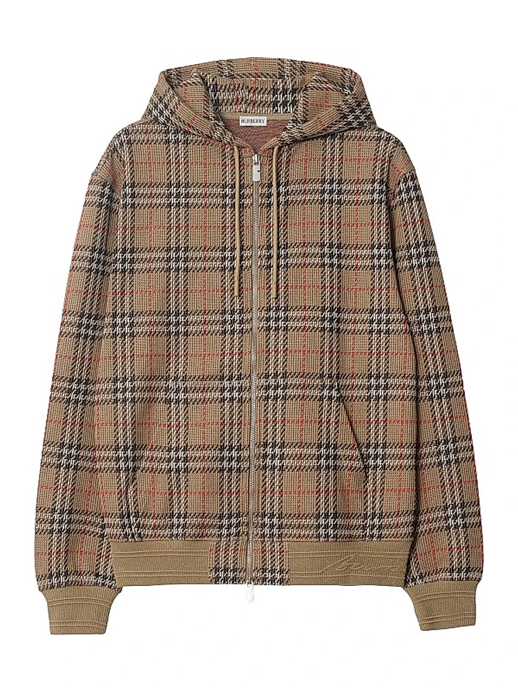 Check Stretch Cotton Zip-Front Hoodie