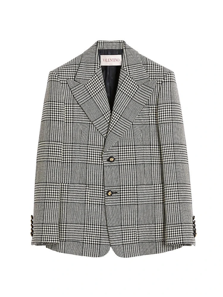 Single-Breasted Wool Jacket with Check Pattern on Houndstooth
