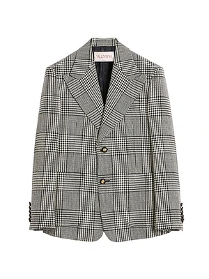 Single-Breasted Wool Jacket with Check Pattern on Houndstooth