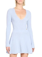 Pleated Rib-Knit V-Neck Minidress