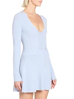 Pleated Rib-Knit V-Neck Minidress