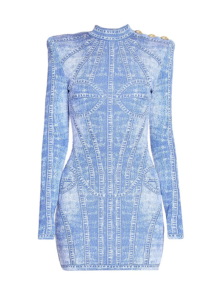 Denim Trompe L'oeil Long-Sleeve Body-Con Minidress