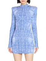 Denim Trompe L'oeil Long-Sleeve Body-Con Minidress