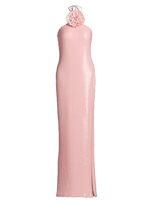 Sequined Floral Halter Cocktail Dress