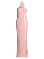Sequined Floral Halter Cocktail Dress