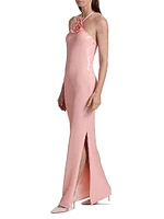 Sequined Floral Halter Cocktail Dress