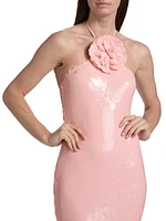Sequined Floral Halter Cocktail Dress