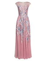 Aviana Beaded Cap-Sleeve Gown