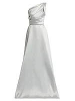 Satin Pleated One-Shoulder Gown