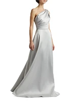 Satin Pleated One-Shoulder Gown