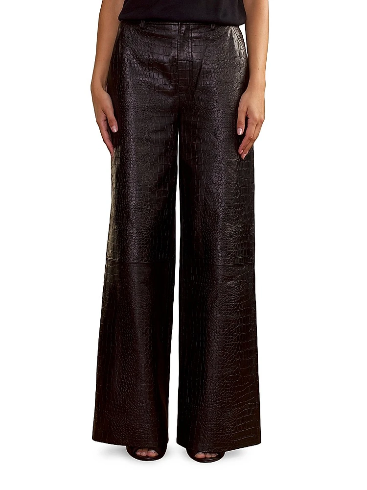 Croc-Embossed Leather Wide-Leg Pants
