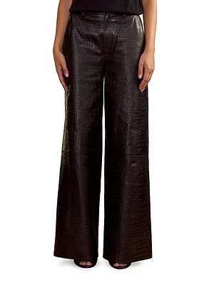 Croc-Embossed Leather Wide-Leg Pants