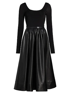 Chara Knit & Faux-Leather Long-Sleeve Midi-Dress
