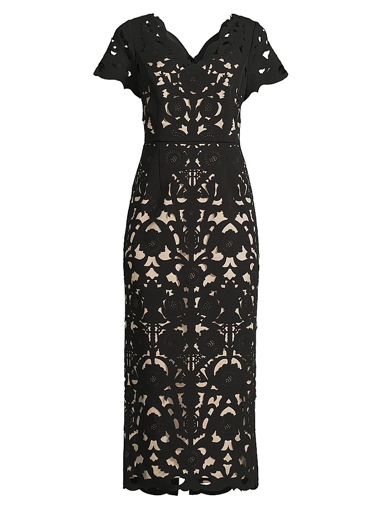 Floral Crepe Laser-Cut Midi-Dress