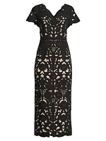 Floral Crepe Laser-Cut Midi-Dress