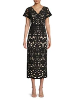 Floral Crepe Laser-Cut Midi-Dress