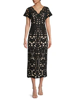 Floral Crepe Laser-Cut Midi-Dress