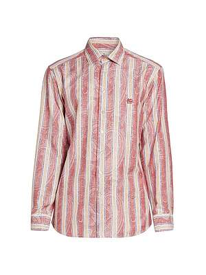 Striped Paisley Cotton Button-Front Shirt