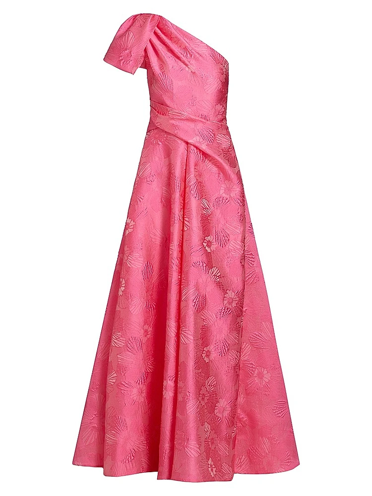 Floral Jacquard One-Shoulder Gown