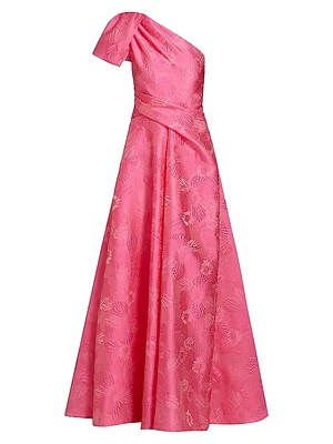 Floral Jacquard One-Shoulder Gown