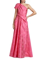 Floral Jacquard One-Shoulder Gown