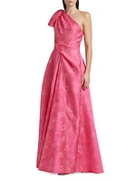 Floral Jacquard One-Shoulder Gown