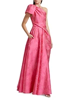 Floral Jacquard One-Shoulder Gown