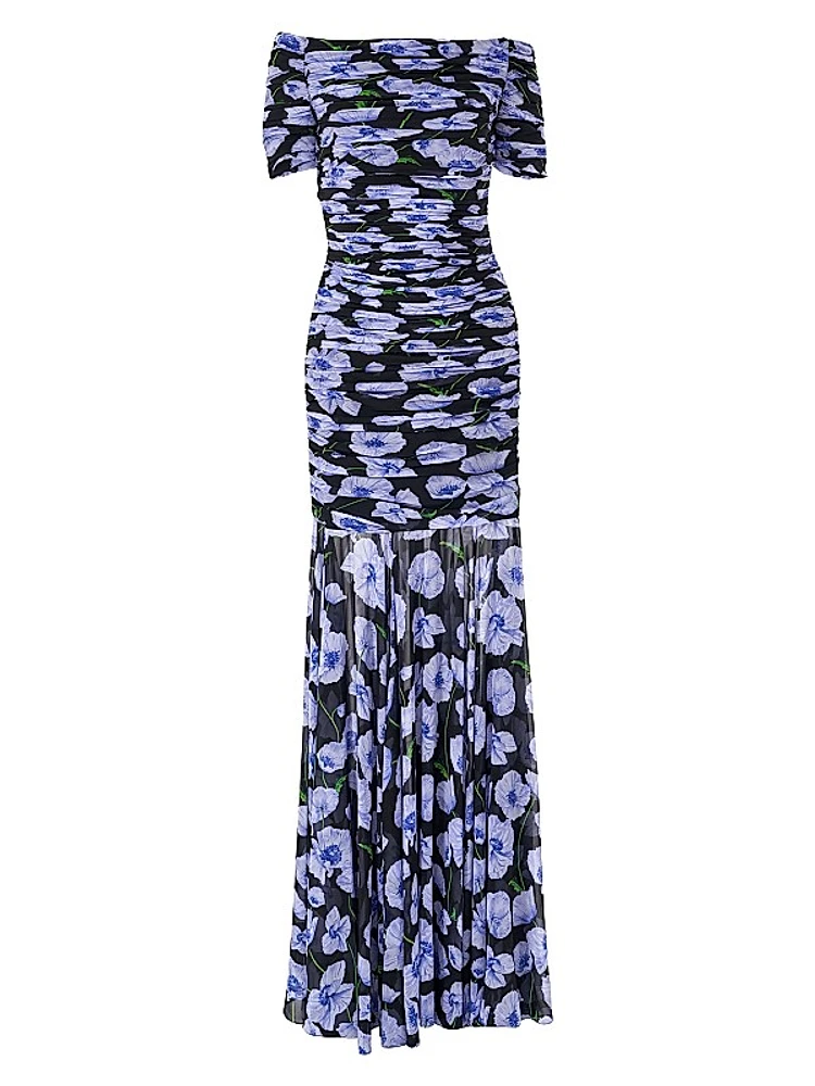 Gathered Short-Sleeve Off-The-Shoulder Gown