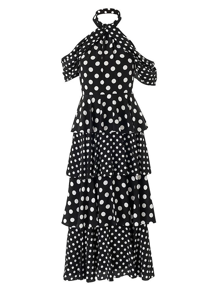 Polka Dot Halter Tiered Midi-Dress
