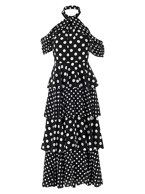 Polka Dot Halter Tiered Midi-Dress