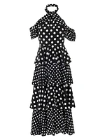 Polka Dot Halter Tiered Midi-Dress