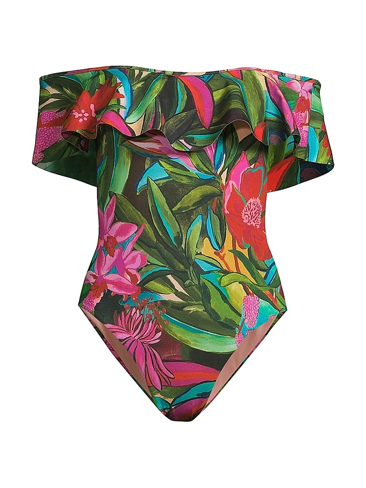 Jardin De Rêve Ruffled Off-The-Shoulder One-Piece Swimsuit