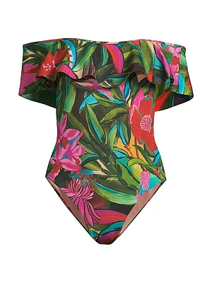Jardin De Rêve Ruffled Off-The-Shoulder One-Piece Swimsuit