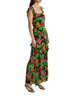 Tulip Rosette Ruffled Floral Sleeveless Maxi Dress