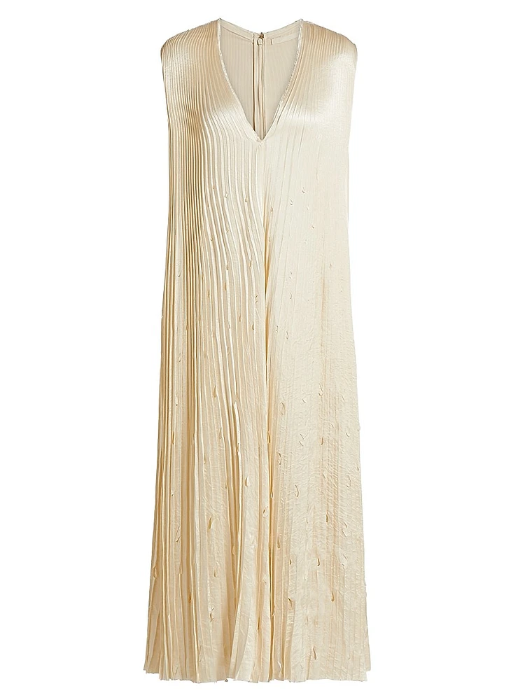 Satin Pleated Laser-Cut Trapeze Dress
