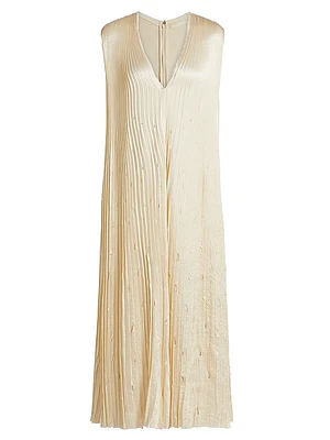 Satin Pleated Laser-Cut Trapeze Dress