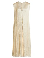 Satin Pleated Laser-Cut Trapeze Dress