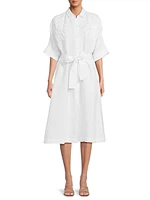 Linen-Blend Tie-Waist Midi-Dress