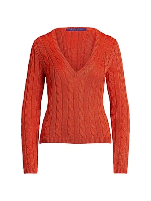 V-Neck Cable-Knit Silk Sweater